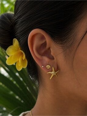 3 Piece Set - Gold Starfish & Shell Stud Earrings